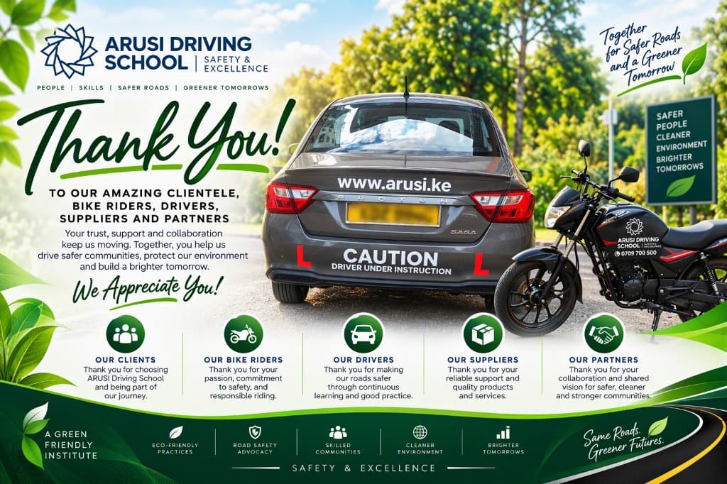 ARUSi Driving School Customer Care Week thank-you message to clients, bike riders, drivers, suppliers and partners.